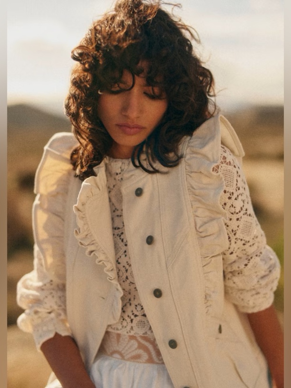 Sezane Cream Ruffle-Trim Utility Vest